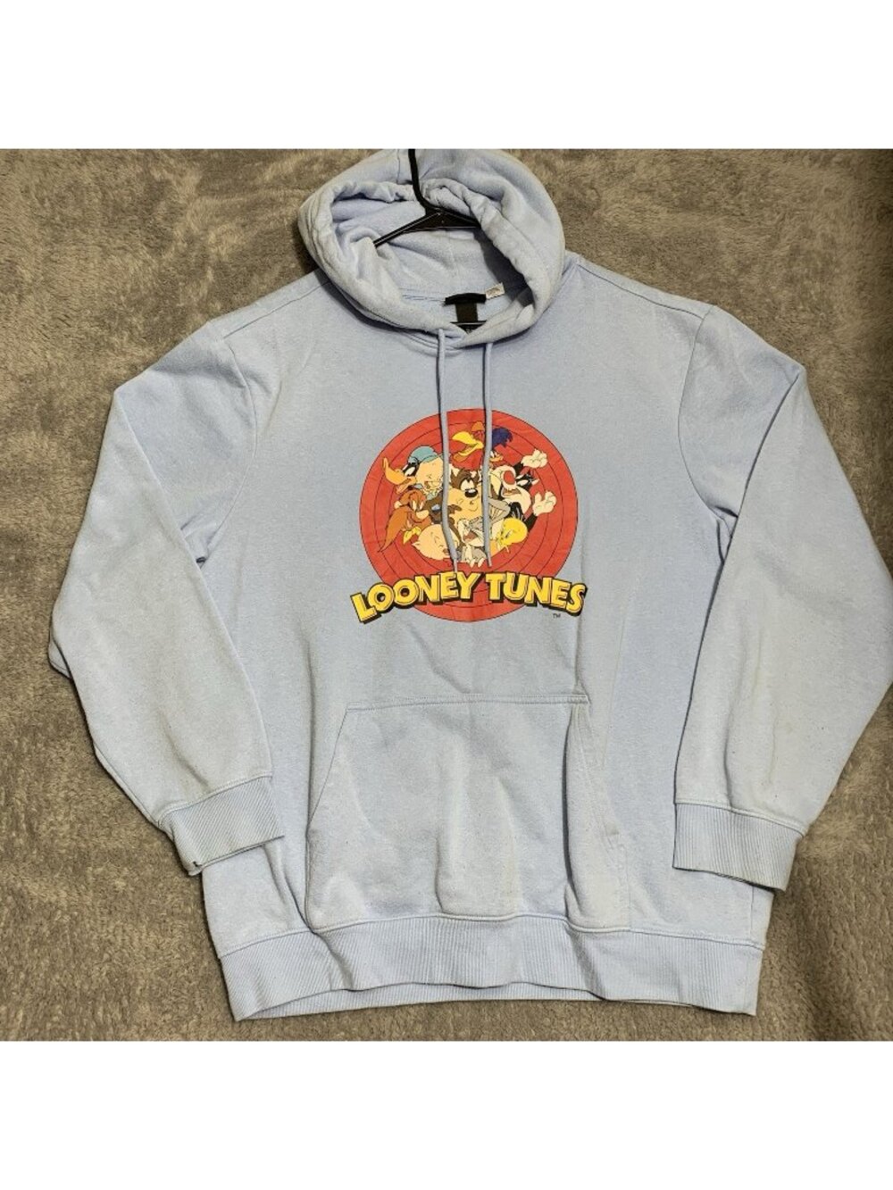 H&M Looney Tunes Hoodie Mens Large Light Blue Graphic Character Regular Fit